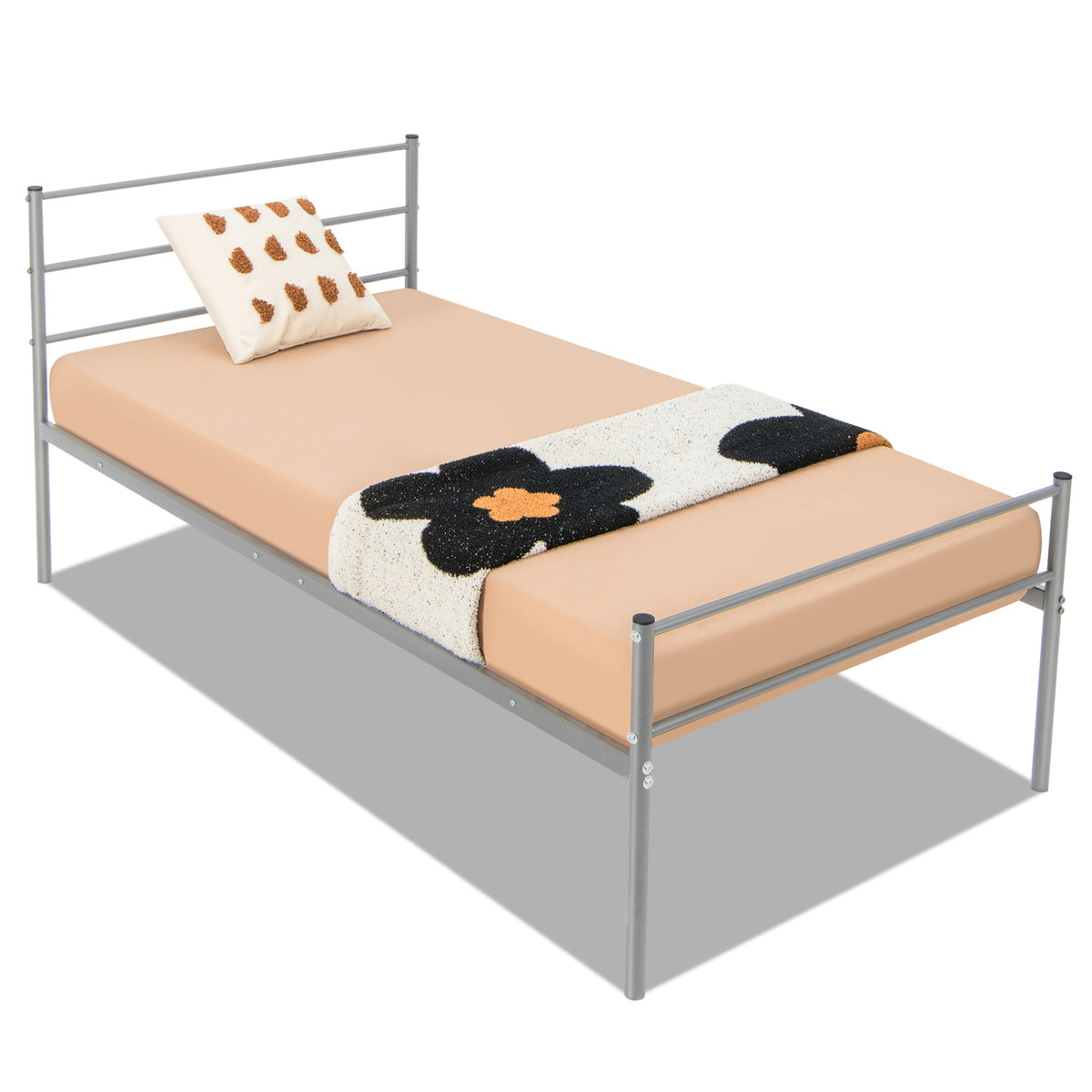 Twin Size Metal Bed Frame Platform with Headboard-Silver-Simple Bed Frame-DECOROLALA