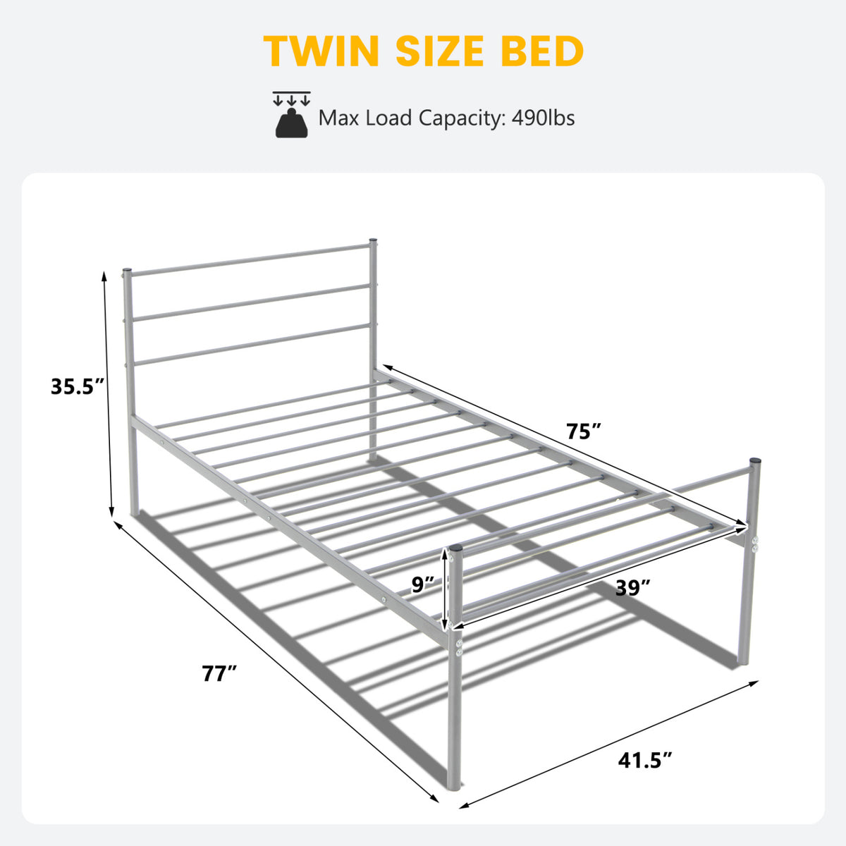 Twin Size Metal Bed Frame Platform with Headboard-Silver-Simple Bed Frame-DECOROLALA