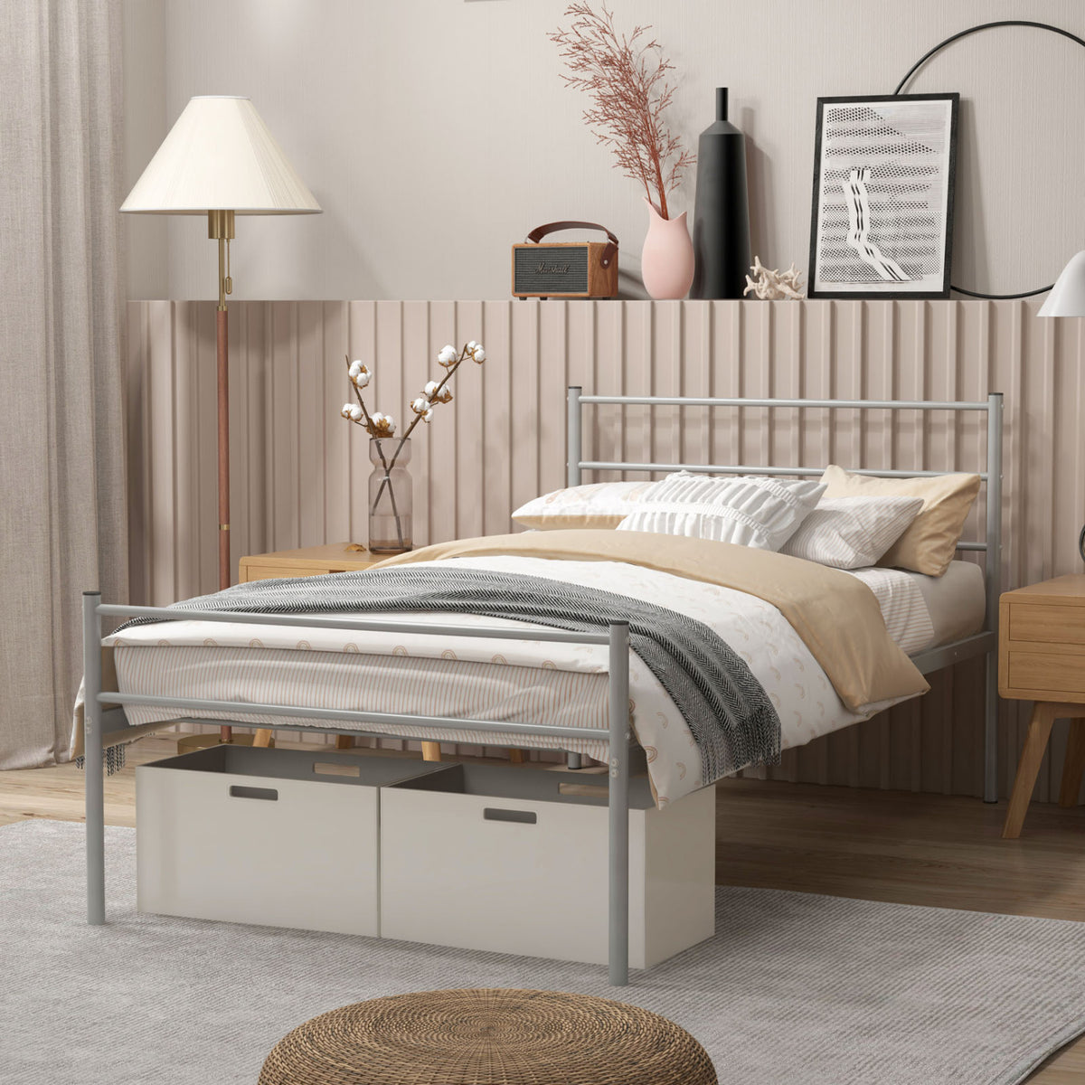 Twin Size Metal Bed Frame Platform with Headboard-Silver-Simple Bed Frame-DECOROLALA