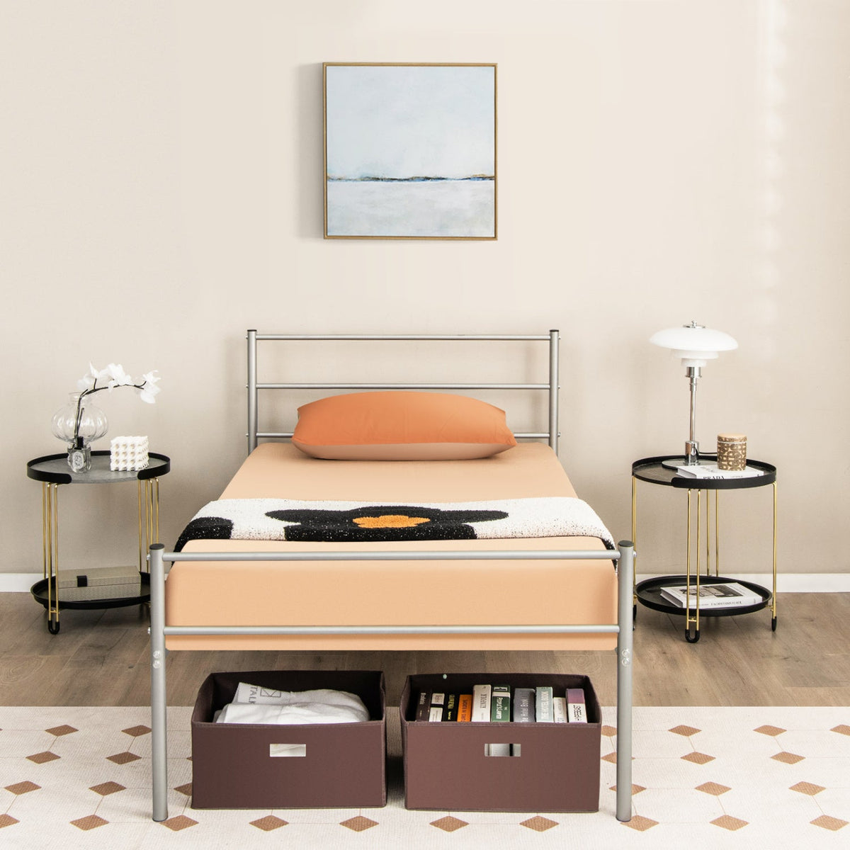 Twin Size Metal Bed Frame Platform with Headboard-Simple Bed Frame-DECOROLALA