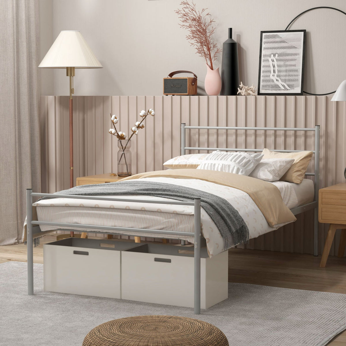 Twin Size Metal Bed Frame Platform with Headboard-Simple Bed Frame-DECOROLALA