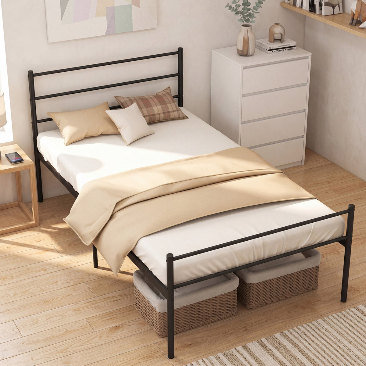 Twin Size Metal Bed Frame Platform with Headboard-Simple Bed Frame-DECOROLALA