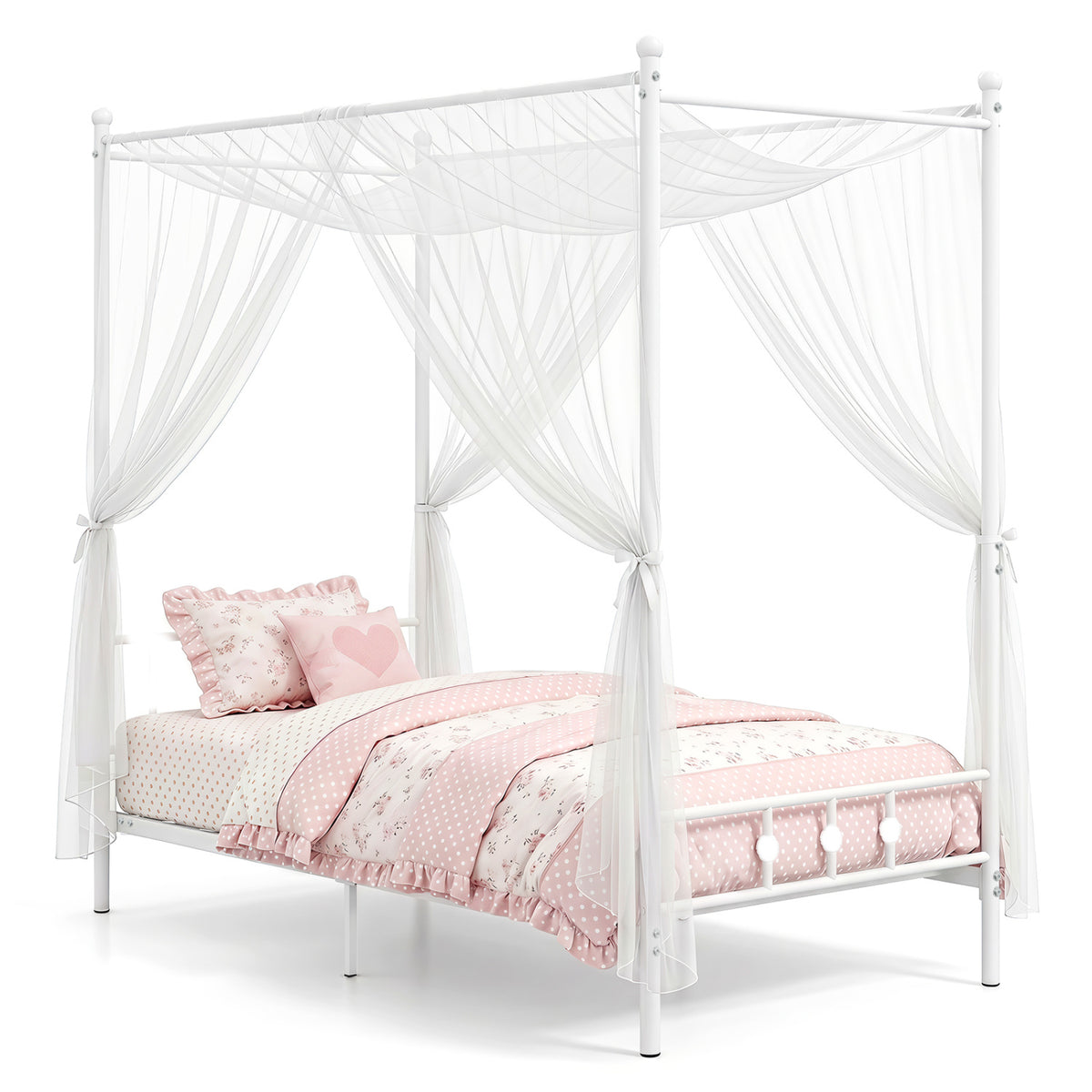 Twin Size Metal Canopy Bed Frame with Headboard and Footboard-White-Beds & Bed Frames-DECOROLALA