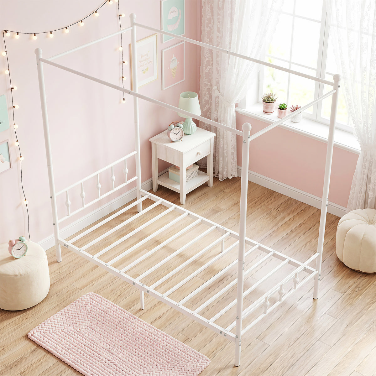 Twin Size Metal Canopy Bed Frame with Headboard and Footboard-White-Beds & Bed Frames-DECOROLALA
