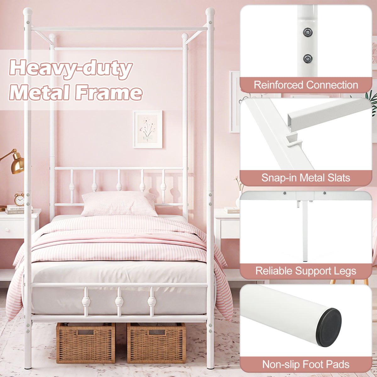 Twin Size Metal Canopy Bed Frame with Headboard and Footboard-White-Beds & Bed Frames-DECOROLALA