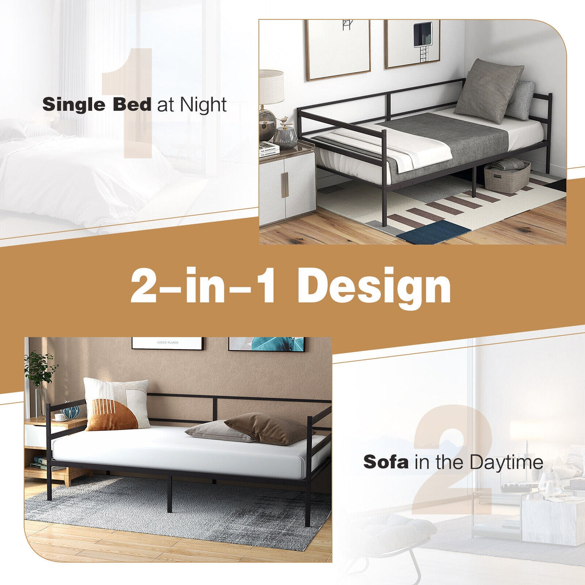 Twin Size Metal Daybed Frame for Living Room Bedroom-Trundle Bed Frame-DECOROLALA