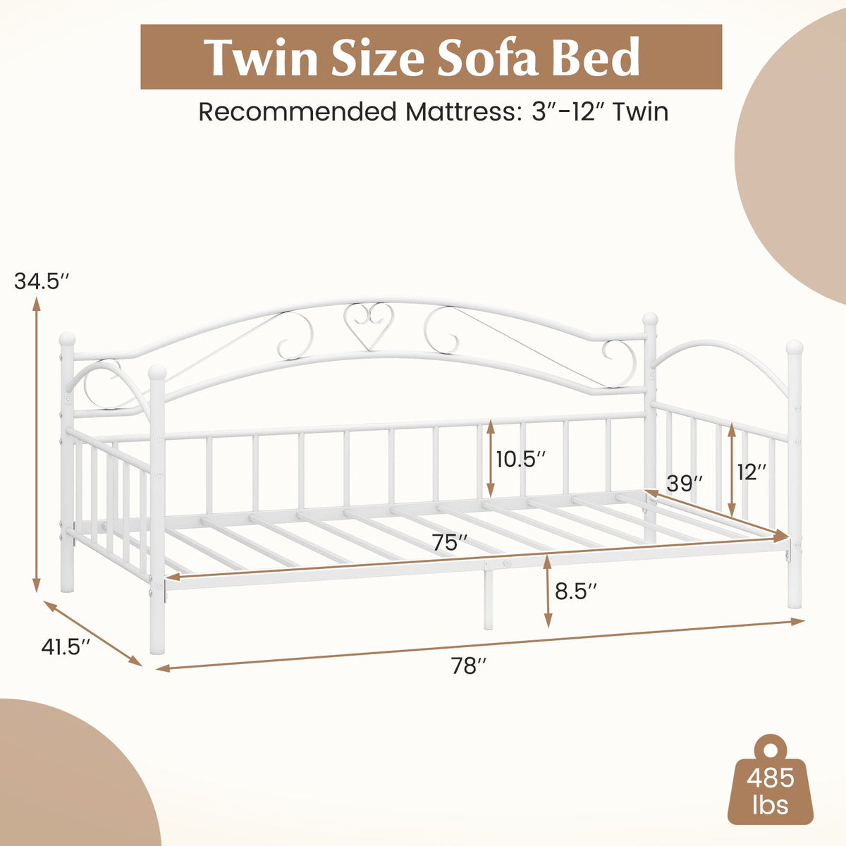 Twin Size Metal Daybed Frame with Headboard for Bedroom-Trundle Bed Frame-DECOROLALA