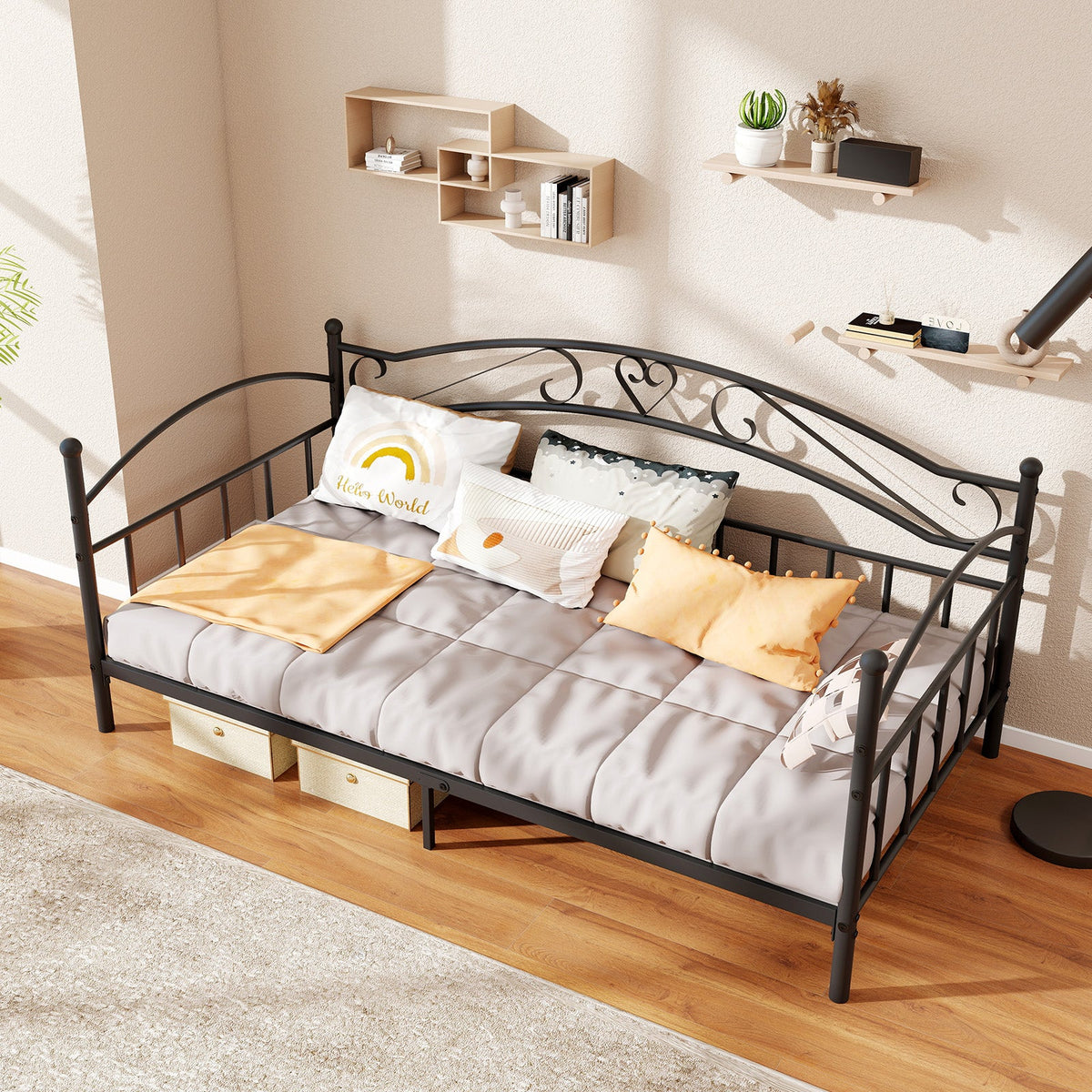 Twin Size Metal Daybed Frame with Headboard for Bedroom-Trundle Bed Frame-DECOROLALA