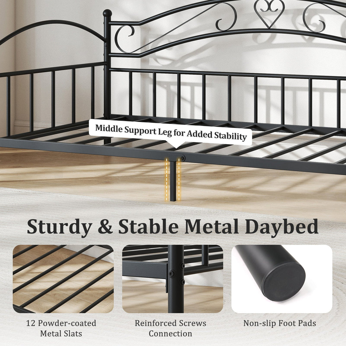 Twin Size Metal Daybed Frame with Headboard for Bedroom-Trundle Bed Frame-DECOROLALA