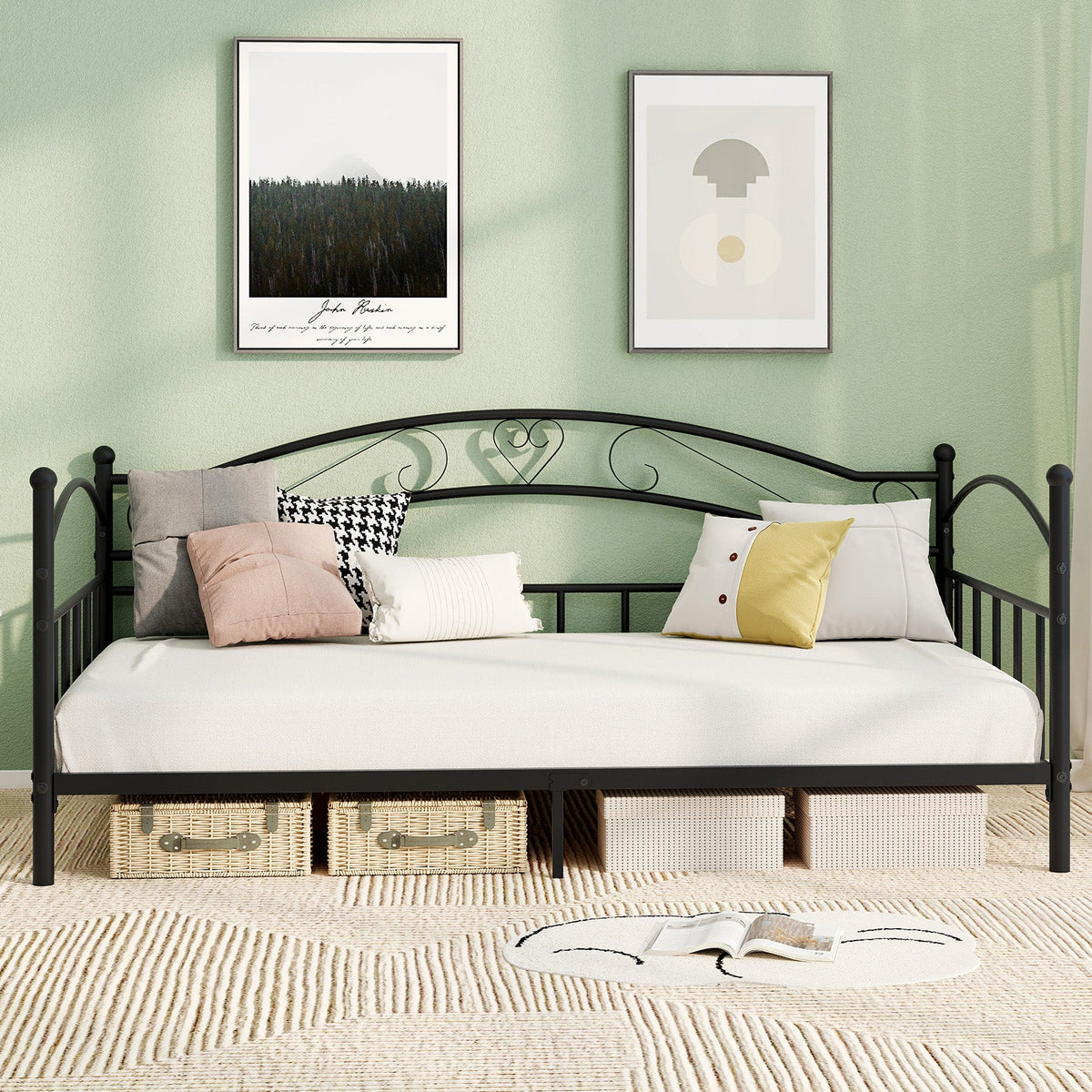 Twin Size Metal Daybed Frame with Headboard for Bedroom-Trundle Bed Frame-DECOROLALA