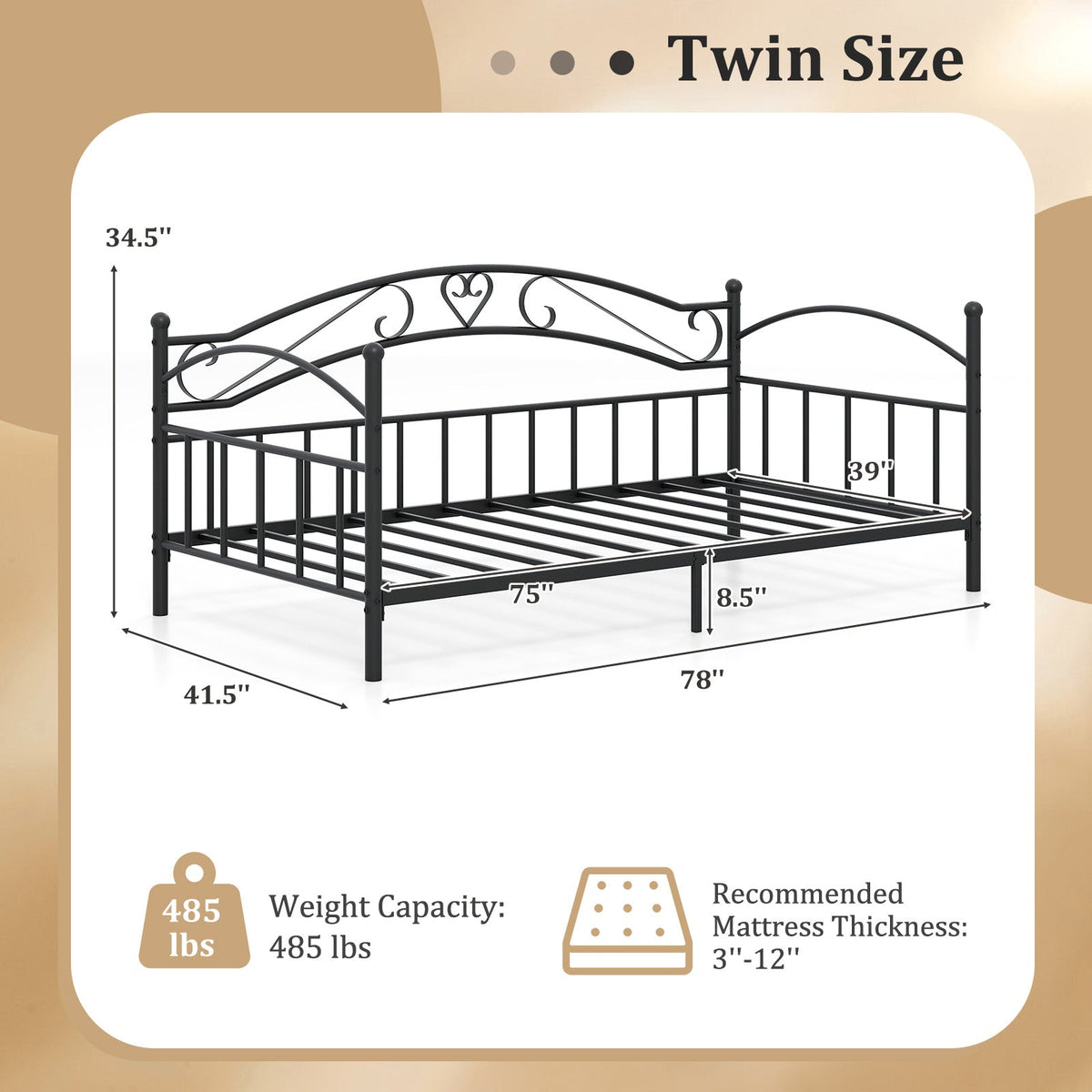 Twin Size Metal Daybed Frame with Headboard for Bedroom-Trundle Bed Frame-DECOROLALA