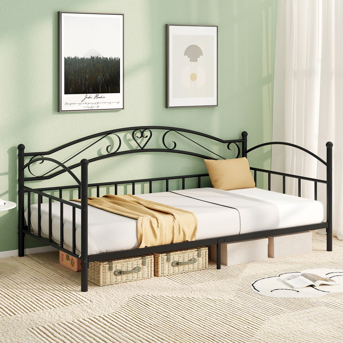 Twin Size Metal Daybed Frame with Scrollwork Headboard - Black-Trundle Bed Frame-DECOROLALA