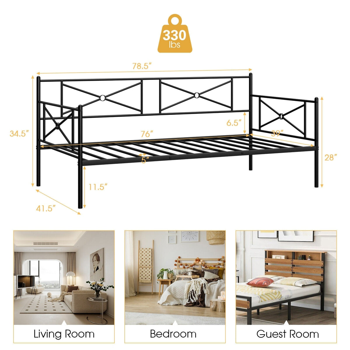 Metal Daybed Twin Bed Frame Stable Steel Slats Sofa Bed-Trundle Bed Frame-DECOROLALA