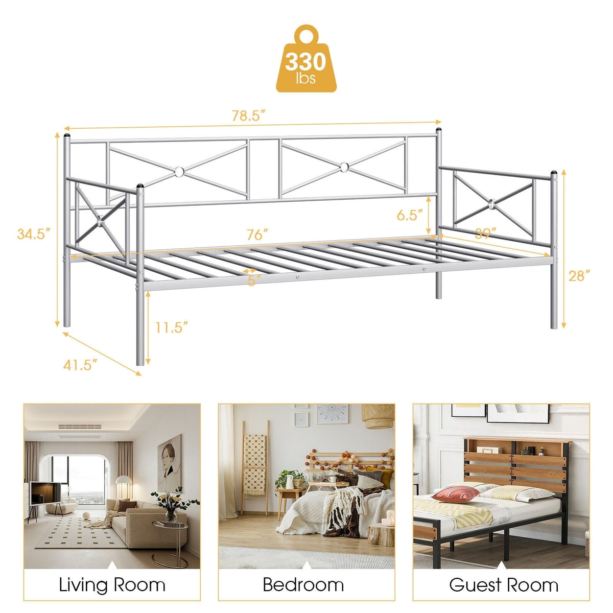 Metal Daybed Twin Bed Frame Stable Steel Slats Sofa Bed-Trundle Bed Frame-DECOROLALA