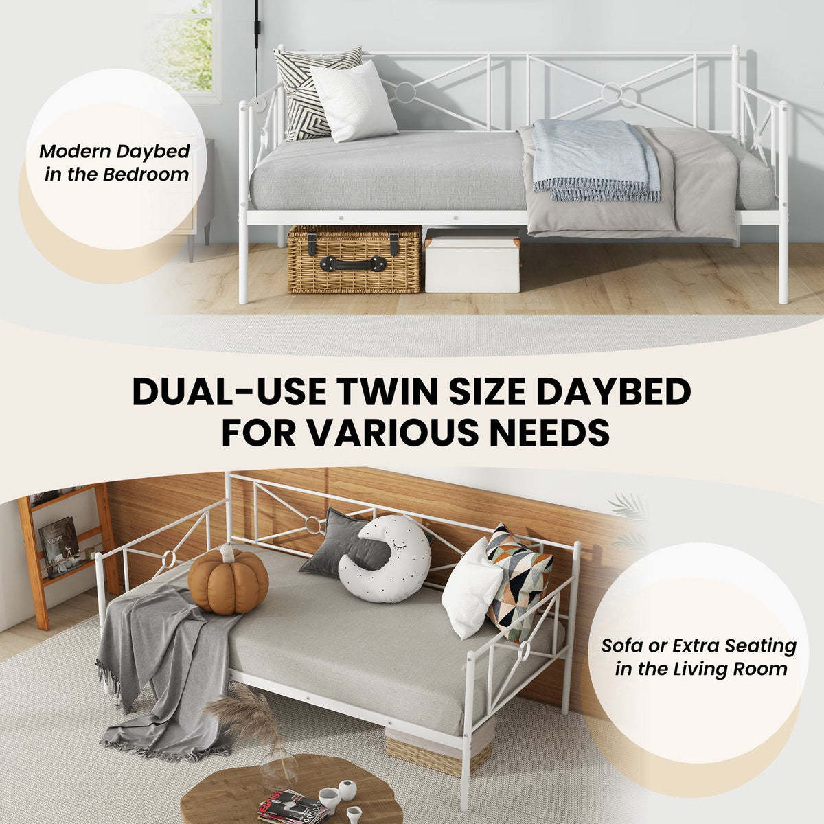 Metal Daybed Twin Bed Frame Stable Steel Slats Sofa Bed-Trundle Bed Frame-DECOROLALA
