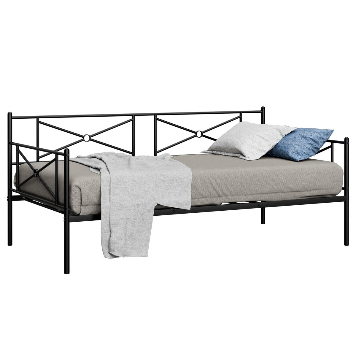 Metal Daybed Twin Bed Frame Stable Steel Slats Sofa Bed-Trundle Bed Frame-DECOROLALA