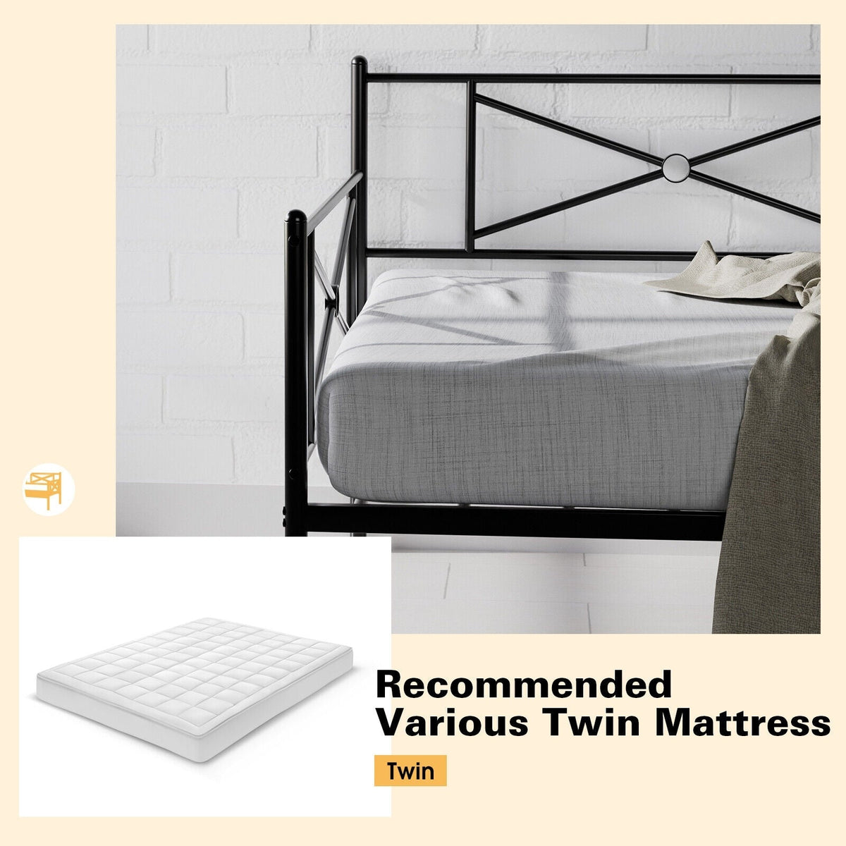 Metal Daybed Twin Bed Frame Stable Steel Slats Sofa Bed-Trundle Bed Frame-DECOROLALA