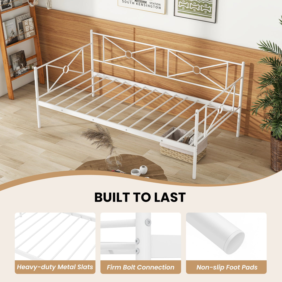 Metal Daybed Twin Bed Frame Stable Steel Slats Sofa Bed-Trundle Bed Frame-DECOROLALA