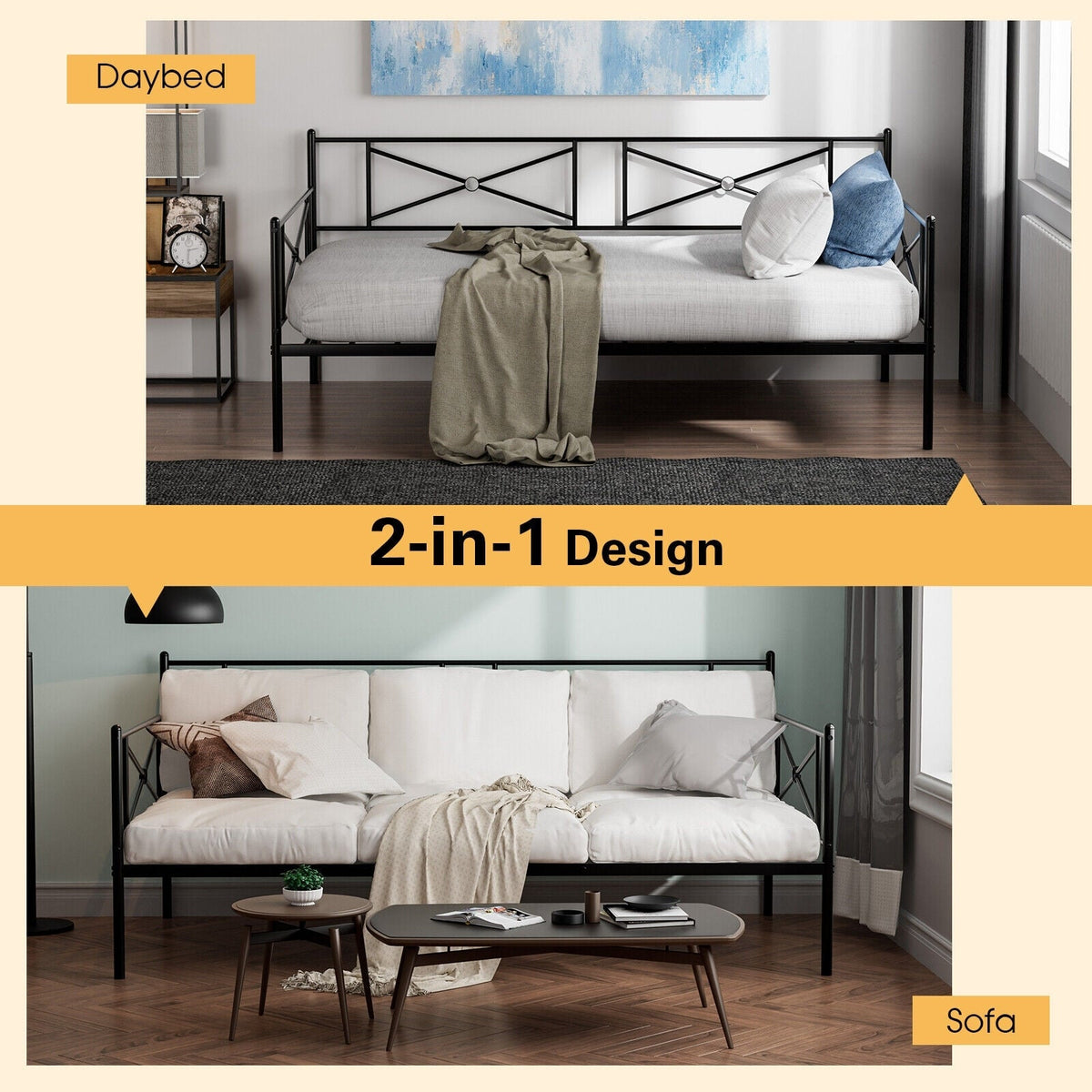 Metal Daybed Twin Bed Frame Stable Steel Slats Sofa Bed-Trundle Bed Frame-DECOROLALA