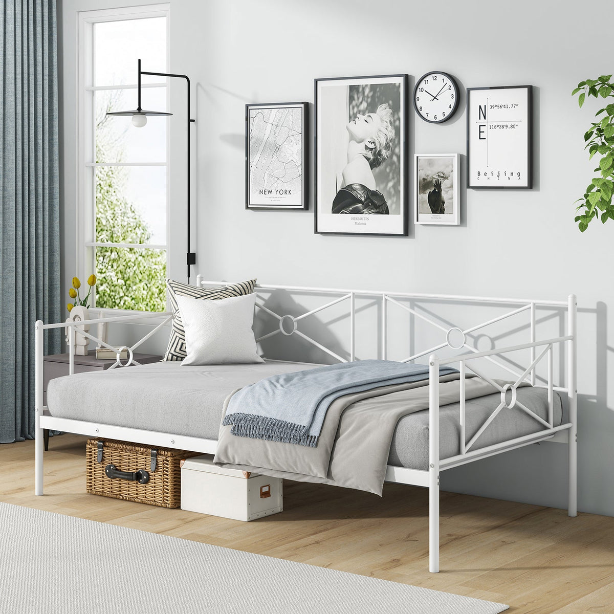Metal Daybed Twin Bed Frame Stable Steel Slats Sofa Bed-Trundle Bed Frame-DECOROLALA