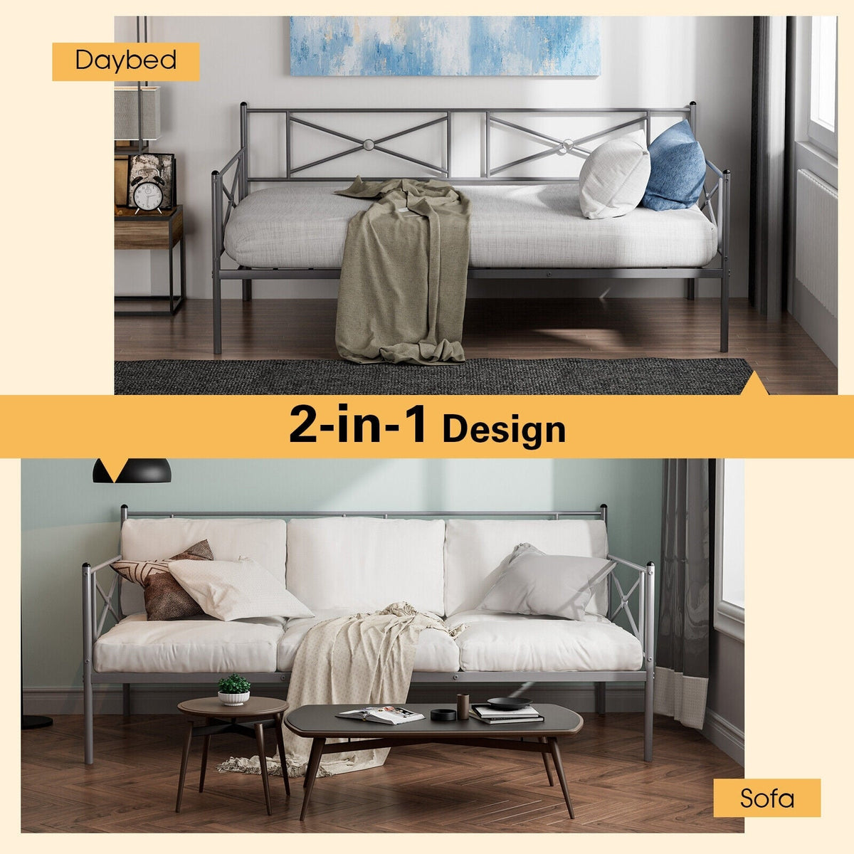 Metal Daybed Twin Bed Frame Stable Steel Slats Sofa Bed-Trundle Bed Frame-DECOROLALA