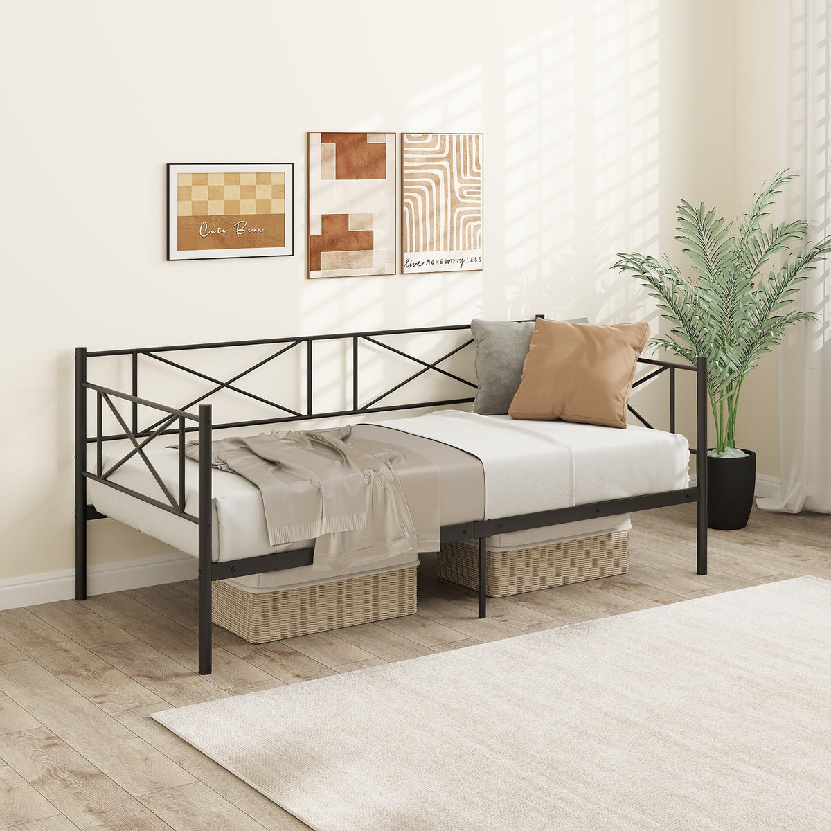 Twin Size Platform Bed with Heavy-duty Metal Slat Support-Trundle Bed Frame-DECOROLALA