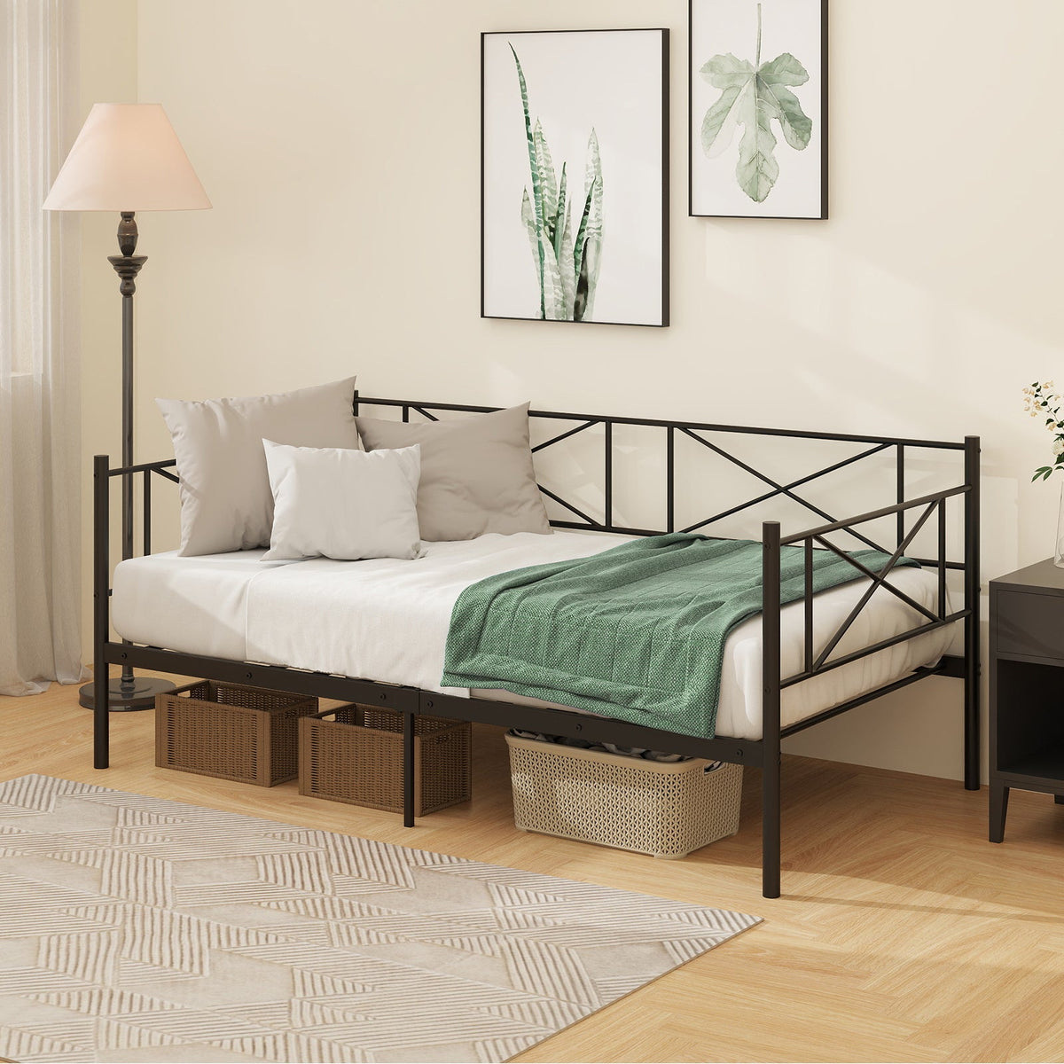 Twin Size Platform Bed with Heavy-duty Metal Slat Support-Trundle Bed Frame-DECOROLALA