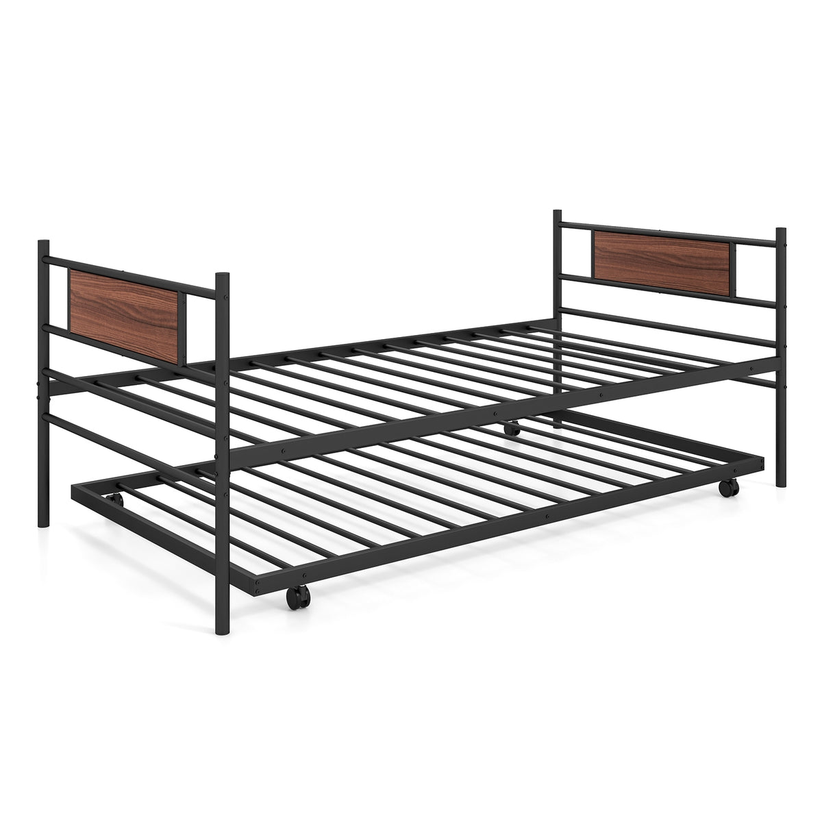 Twin Size Metal Daybed with Trundle and Wood Grain Headboard-Trundle Bed Frame-DECOROLALA
