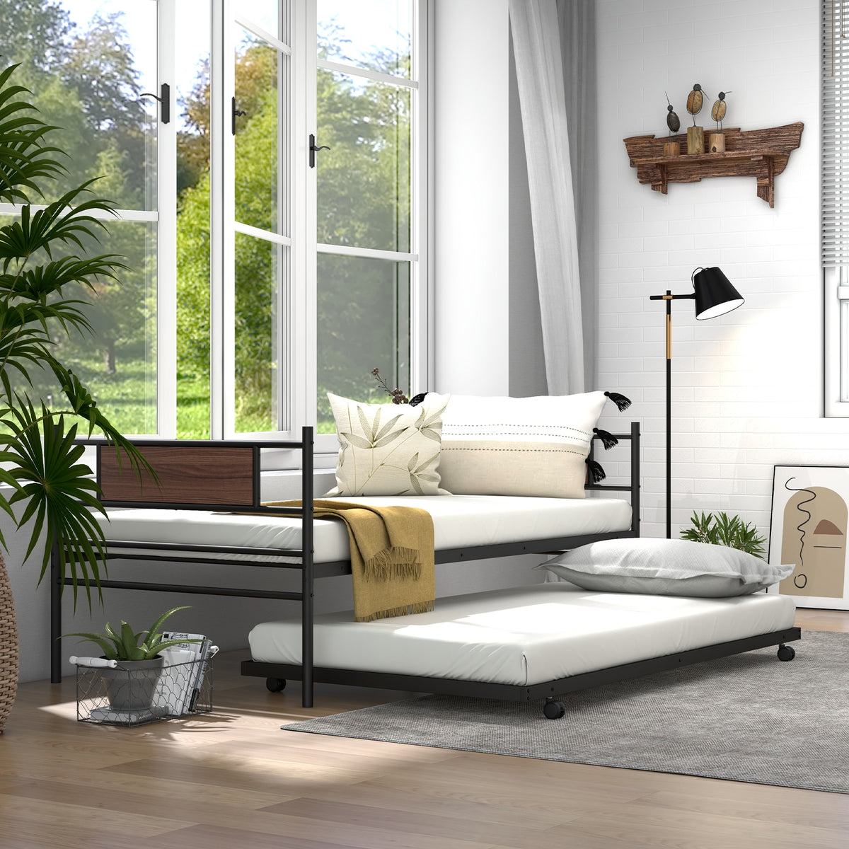 Twin Size Metal Daybed with Trundle and Wood Grain Headboard-Trundle Bed Frame-DECOROLALA