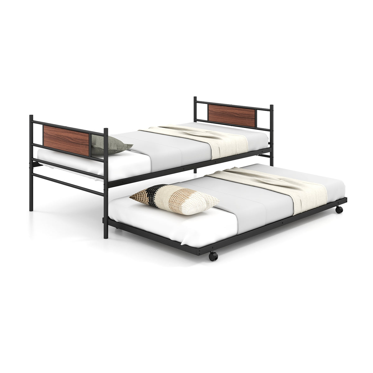 Twin Size Metal Daybed with Trundle and Wood Grain Headboard-Trundle Bed Frame-DECOROLALA