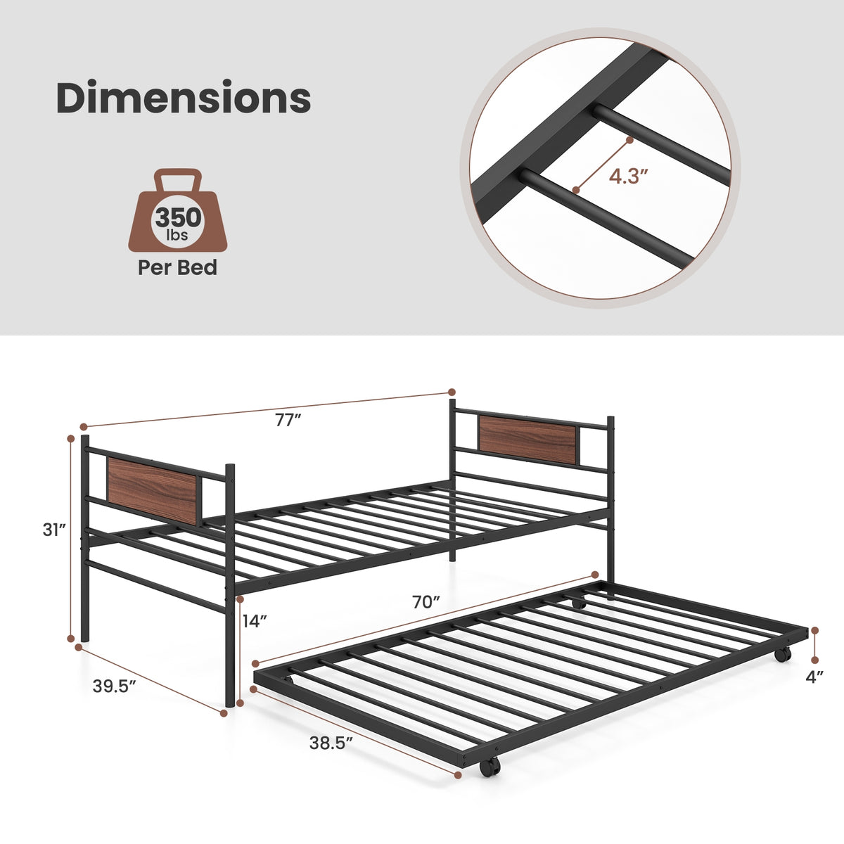 Twin Size Metal Daybed with Trundle and Wood Grain Headboard-Trundle Bed Frame-DECOROLALA