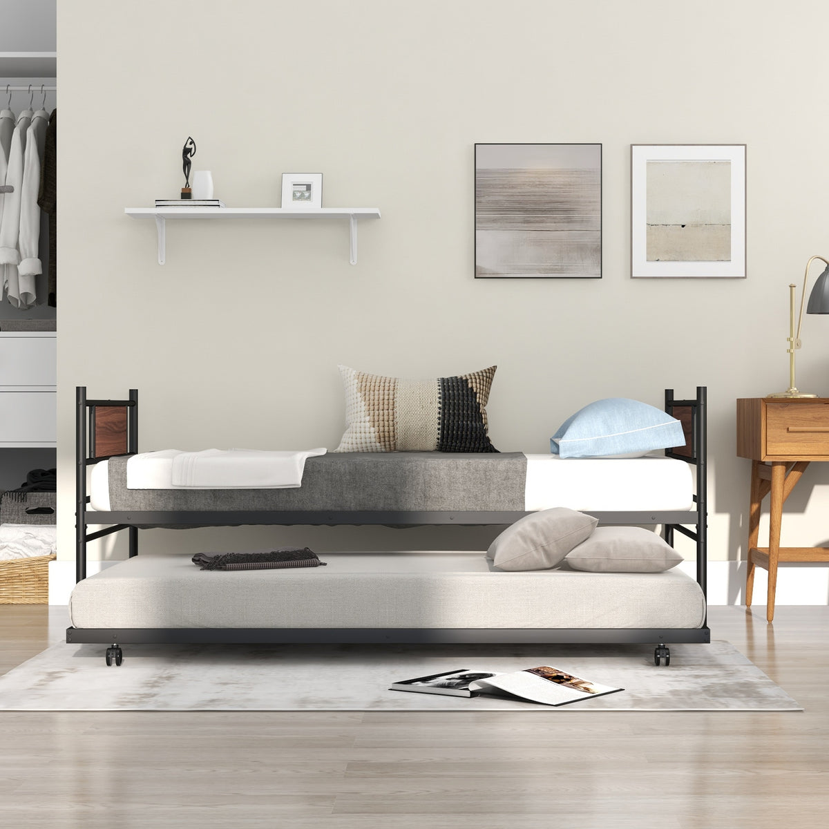 Twin Size Metal Daybed with Trundle and Wood Grain Headboard-Trundle Bed Frame-DECOROLALA