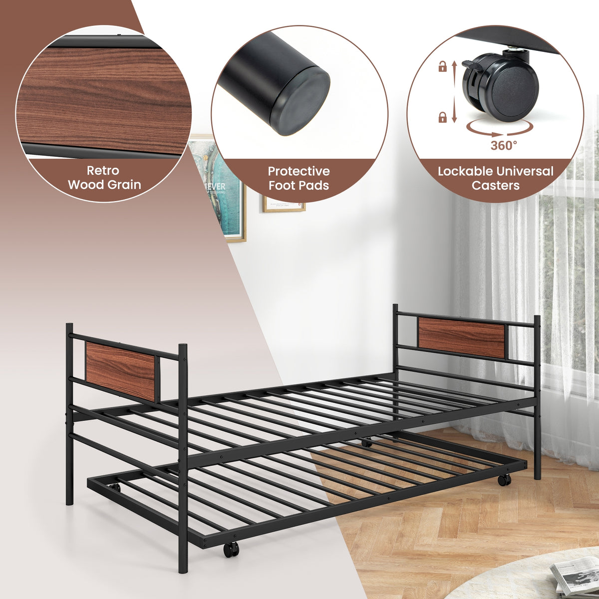 Twin Size Metal Daybed with Trundle and Wood Grain Headboard-Trundle Bed Frame-DECOROLALA