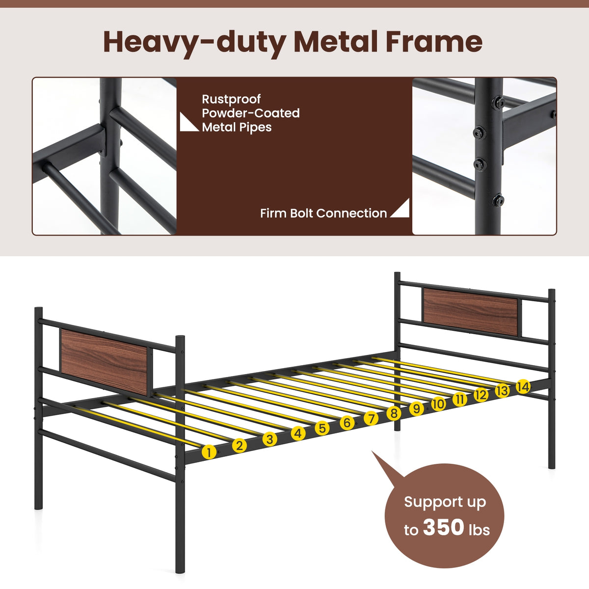 Twin Size Metal Daybed with Trundle and Wood Grain Headboard-Trundle Bed Frame-DECOROLALA