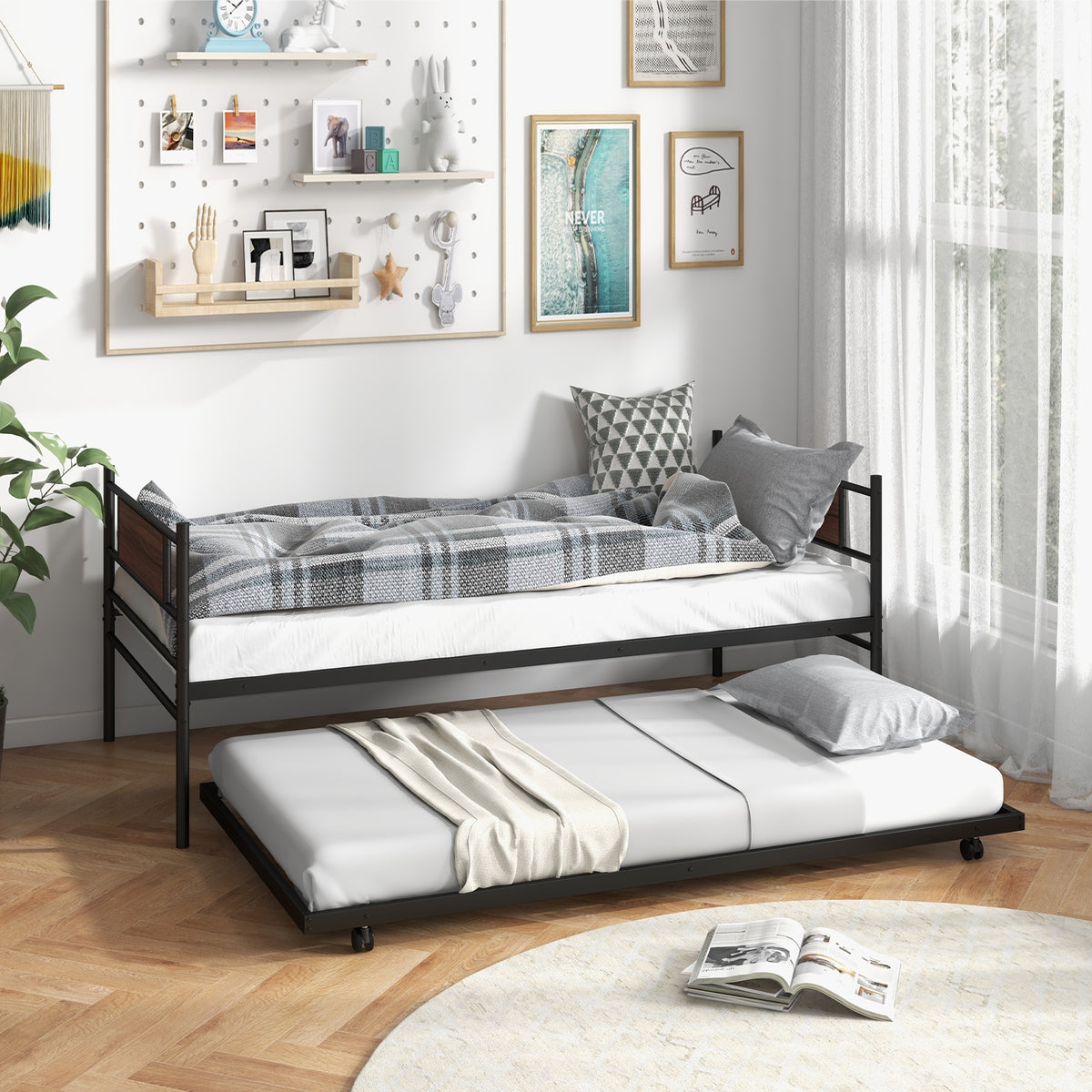 Twin Size Metal Daybed with Trundle and Wood Grain Headboard-Trundle Bed Frame-DECOROLALA