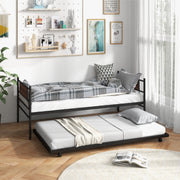 Twin Size Metal Daybed with Trundle and Wood Grain Headboard-Trundle Bed Frame-DECOROLALA