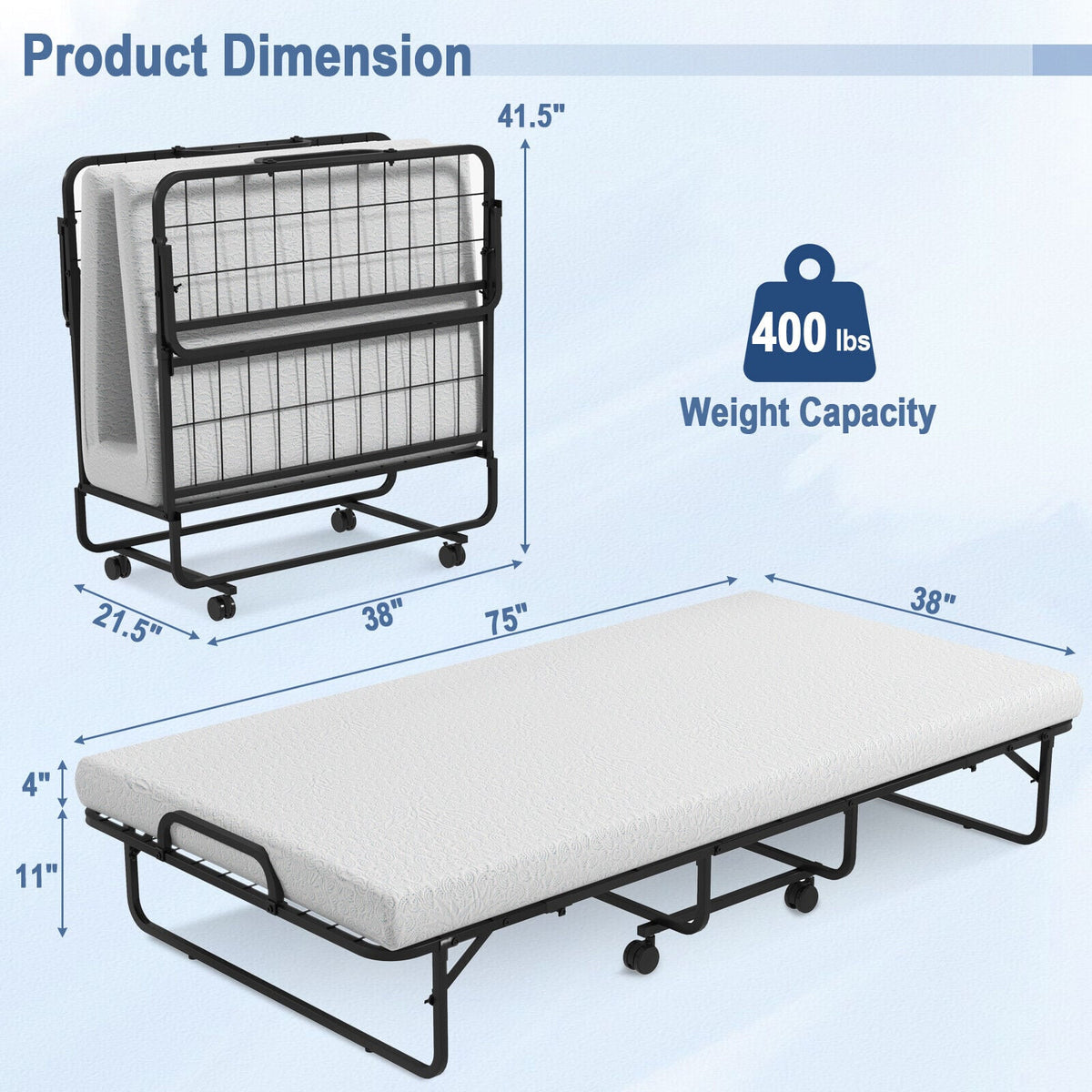 Twin Size Metal Folding Bed with Memory Foam Mattress-Folding Beds-DECOROLALA