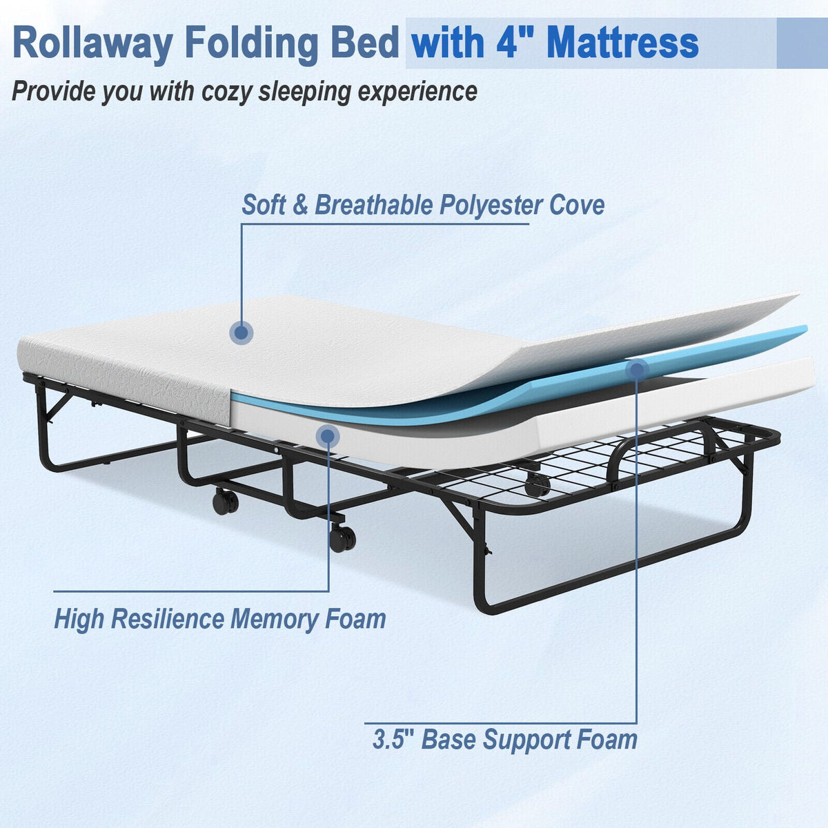 Twin Size Metal Folding Bed with Memory Foam Mattress-Folding Beds-DECOROLALA