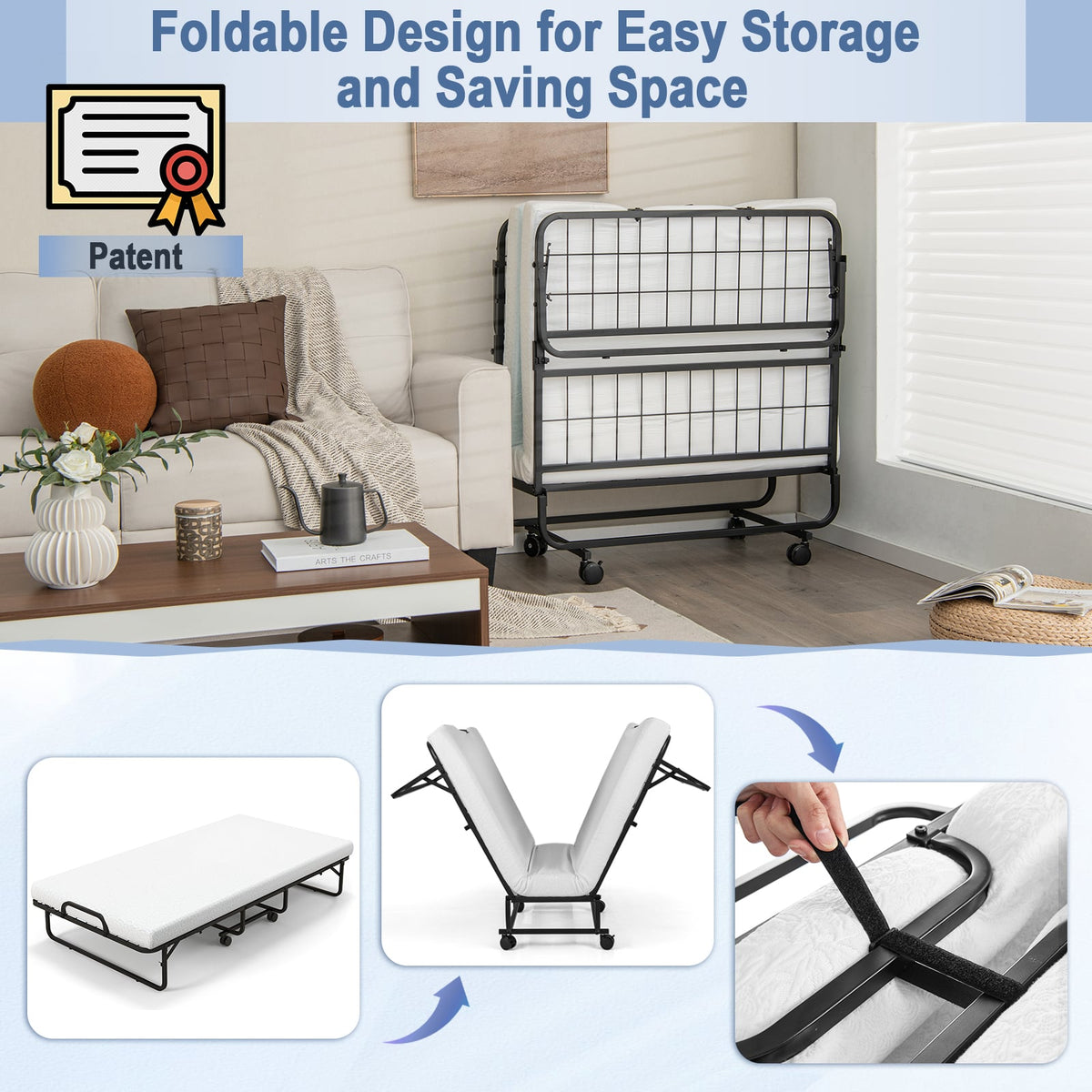 Twin Size Metal Folding Bed with Memory Foam Mattress-Folding Beds-DECOROLALA