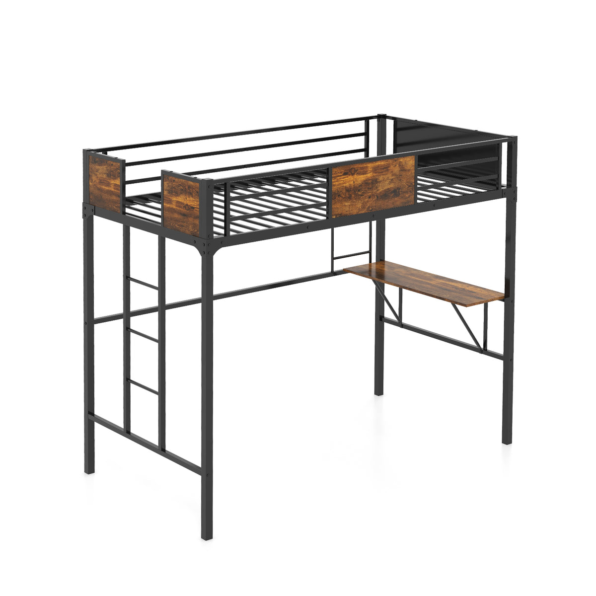 Twin Size Metal Loft Bed with Desk Storage Shelf and Build-in Ladder-Twin Size-Bunk Bed Frame-DECOROLALA