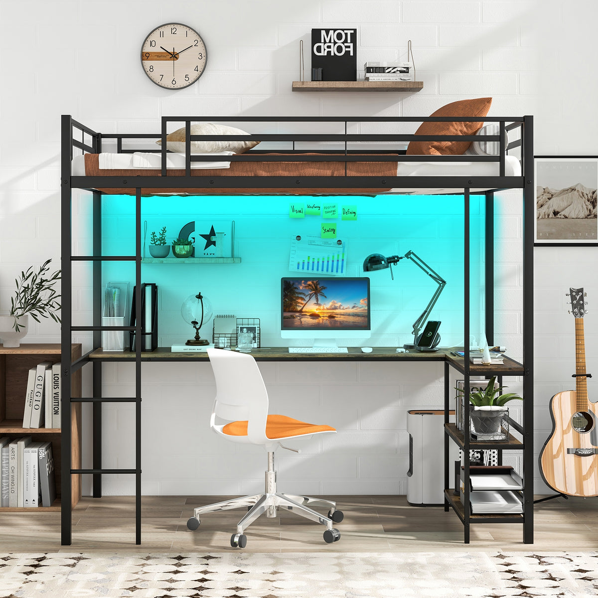 Twin Size Metal Loft Bed with Desk, Storage Shelves, and LED Lights-Bunk Bed Frame-DECOROLALA