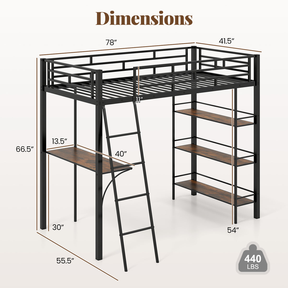 Twin Size Metal Loft Bed with Desk and Storage Shelves - Black-Bunk Bed Frame-DECOROLALA