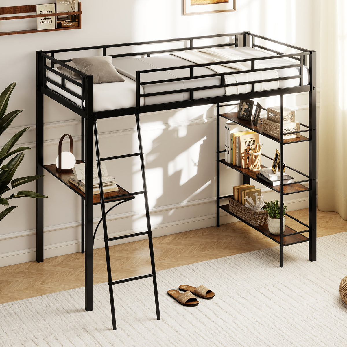 Twin Size Metal Loft Bed with Desk and Storage Shelves - Black-Bunk Bed Frame-DECOROLALA