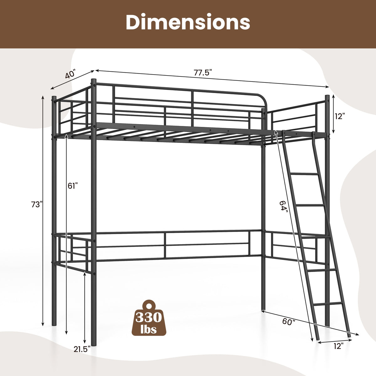 Twin Size Metal Loft Bed with Ladder and Guardrails - Black-Bunk Bed Frame-DECOROLALA