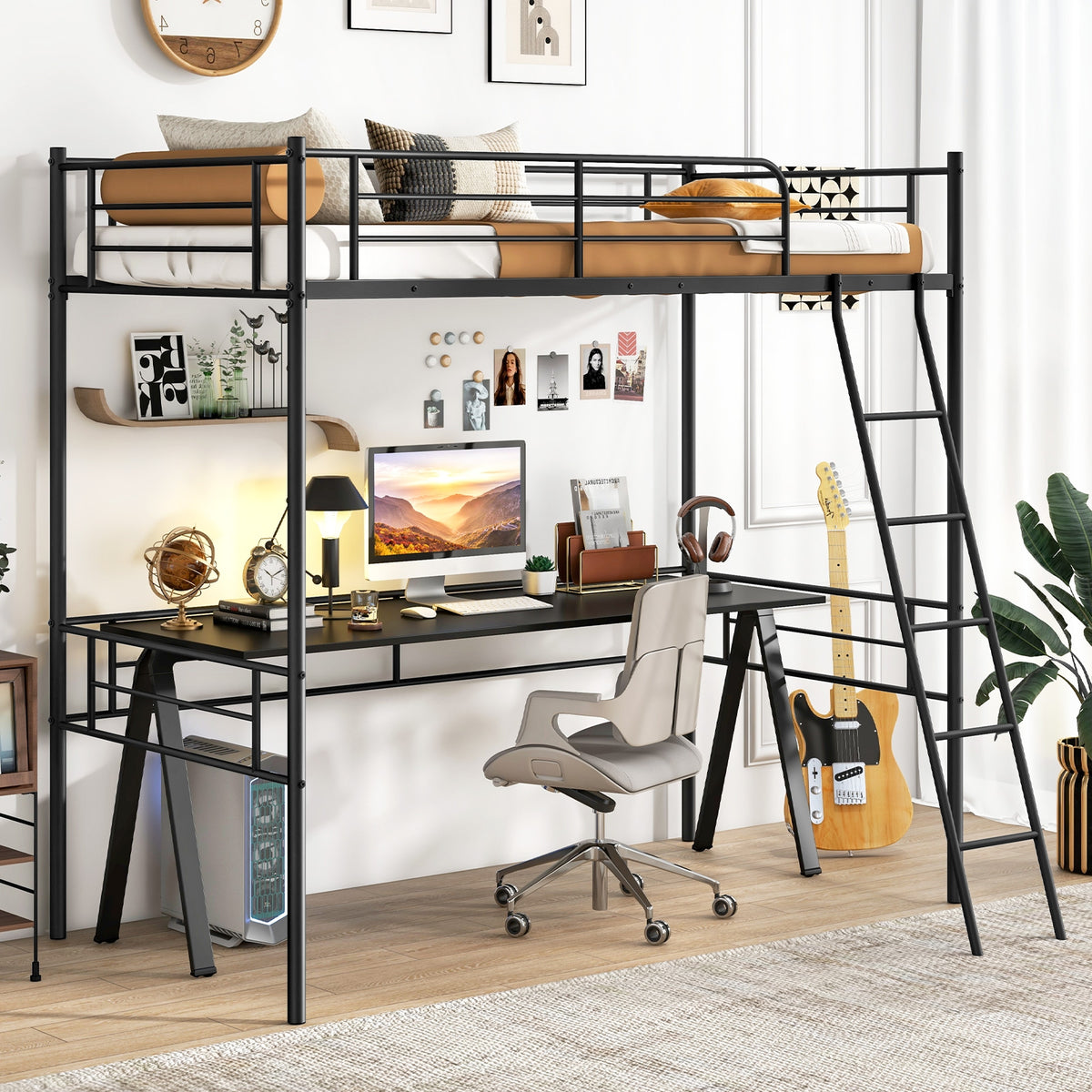 Twin Size Metal Loft Bed with Ladder and Guardrails - Black-Bunk Bed Frame-DECOROLALA