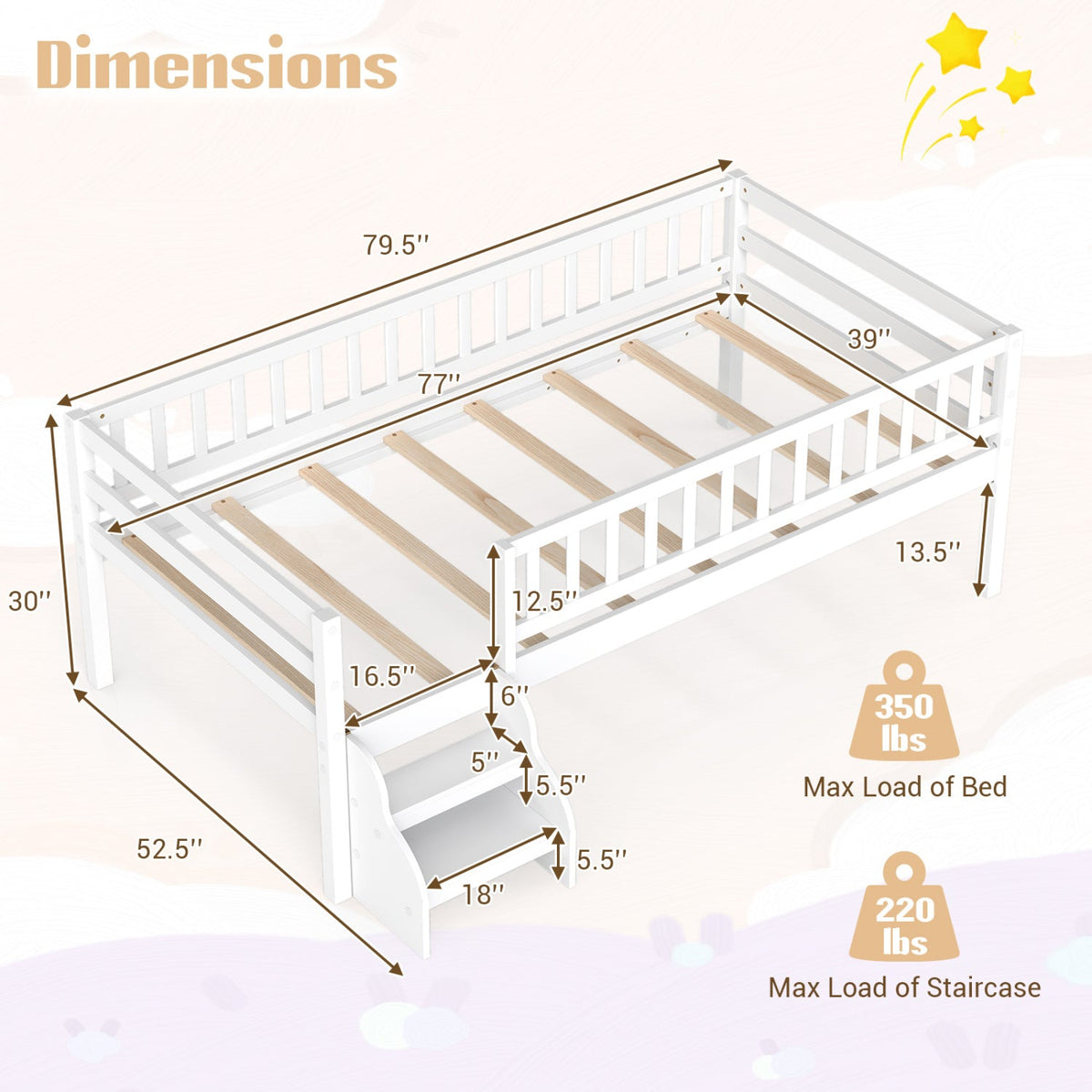 Twin Size Montessori Bed with Stairs and Guardrails-Beds & Bed Frames-DECOROLALA