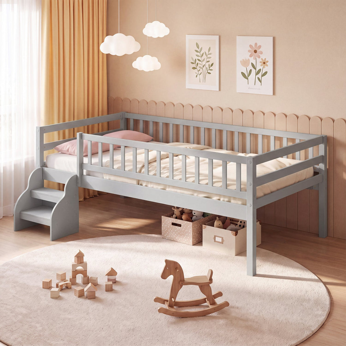Twin Size Montessori Bed with Stairs and Guardrails-Beds & Bed Frames-DECOROLALA