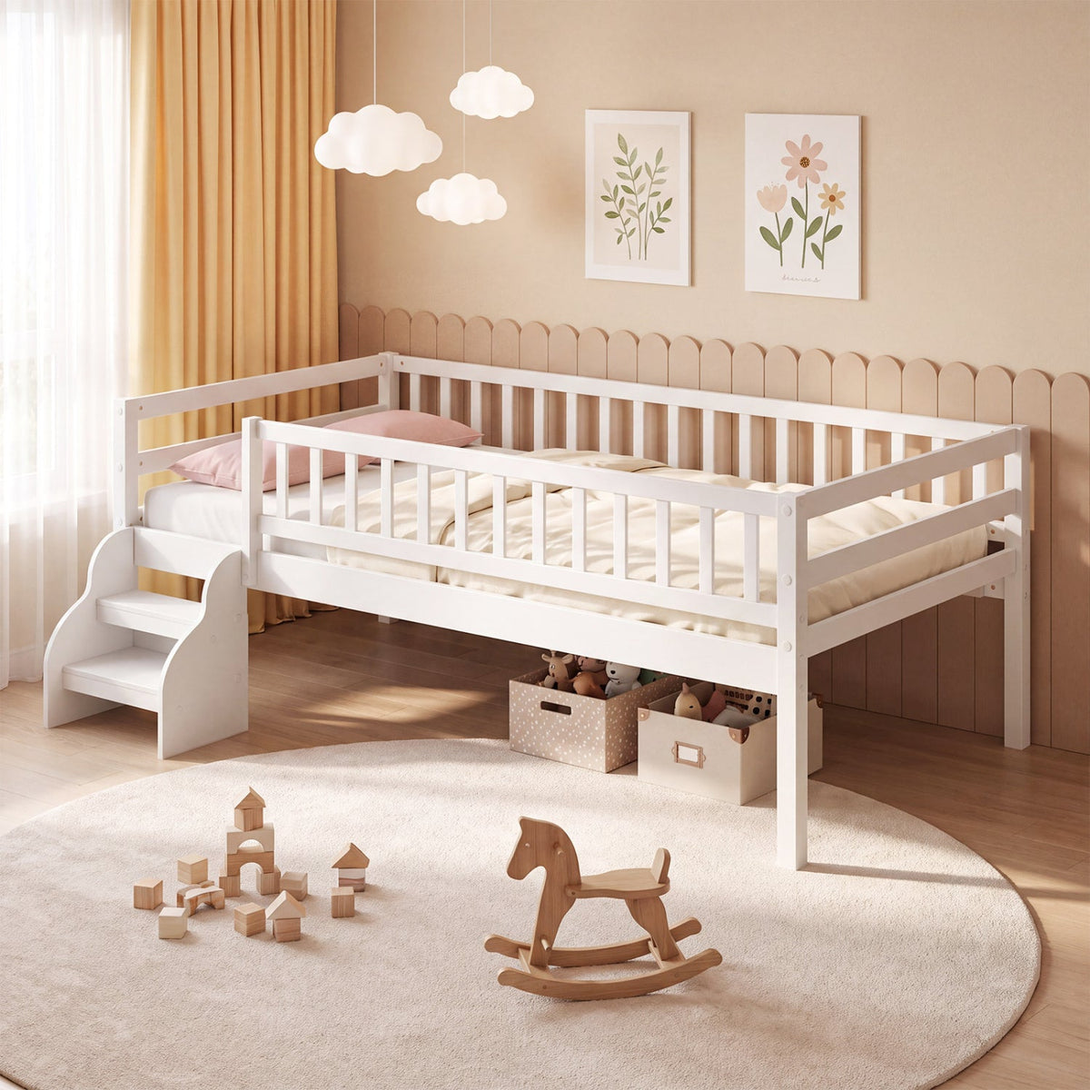 Twin Size Montessori Bed with Stairs and Guardrails-Beds & Bed Frames-DECOROLALA