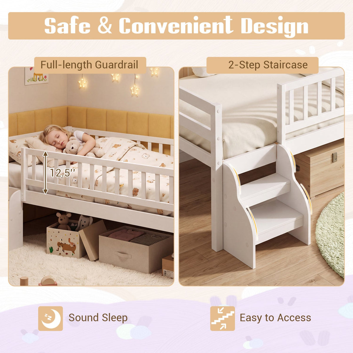 Twin Size Montessori Bed with Stairs and Guardrails-Beds & Bed Frames-DECOROLALA