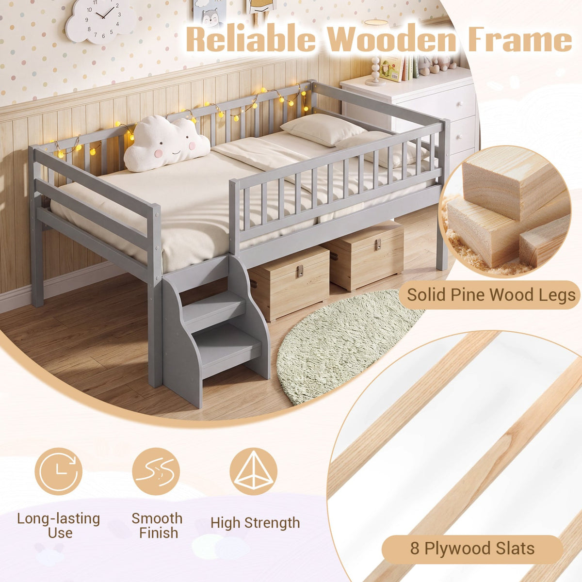 Twin Size Montessori Bed with Stairs and Guardrails-Beds & Bed Frames-DECOROLALA